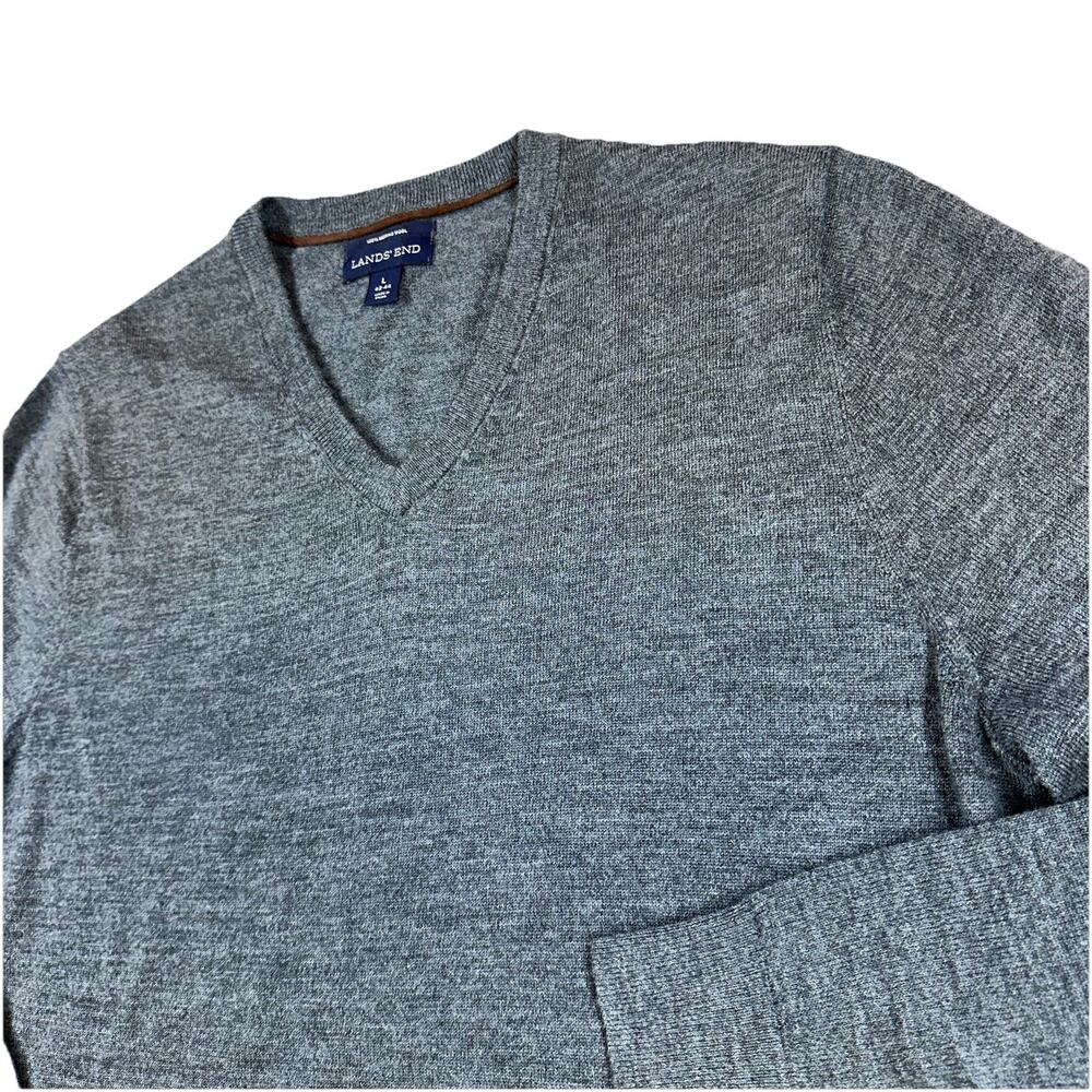 Lands' End 100% PURE Merino WOOL Sweater Men's L 42-44Grey Pullover V-Neck